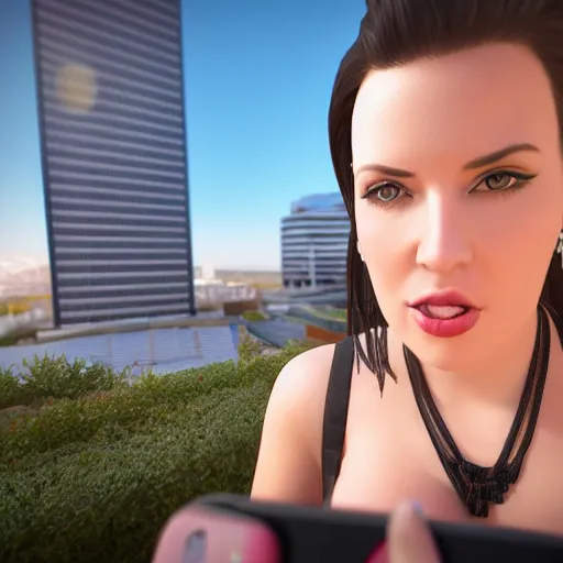 Prompt: « angela white taking a selfie, photorealistic, unreal engine 5, sharp focus, building in the background »