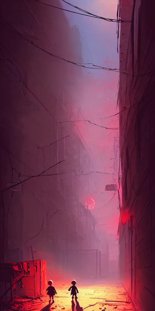 Prompt: abandoned apocalyptic old alley with a kid at the centre, epic red sunlight, perfect lightning, illustration by niko delort,