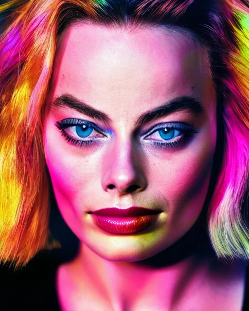 Prompt: dramatic line portrait of margot robbie, colorful glow