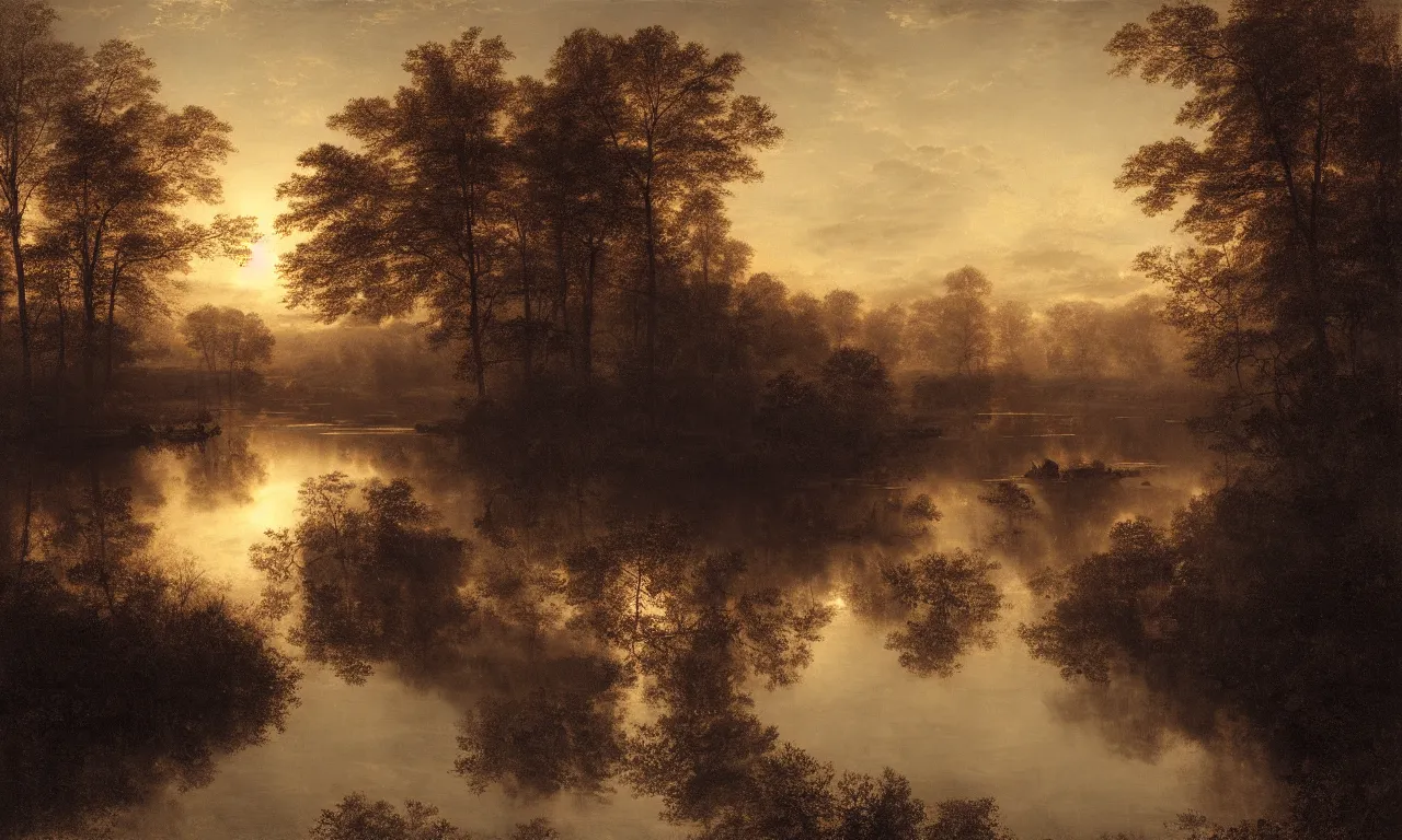 Image similar to a dark pond during golden hour. andreas achenbach, mikko lagerstedt, zack snyder, tokujin yoshioka