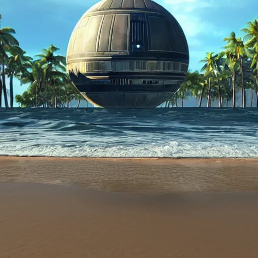 Image similar to the death star floating above a beautiful beachfront, raining gold, unreal engine rendering, highly detailed