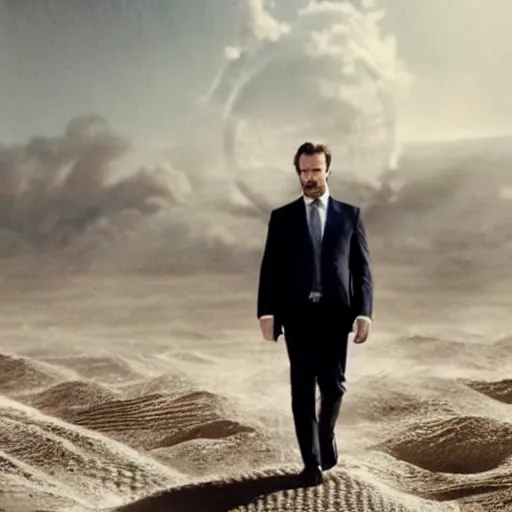 Image similar to kurdish capitalist wearing a suit, dressed smart, in a movie directed by christopher nolan, movie still frame, promotional image, imax 7 0 mm footage