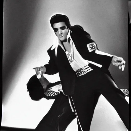 Prompt: black and white photograph of elvis dancing, in an alien spaceship