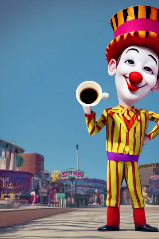 Prompt: portrait of a clown holding a cup of coffee with the circus in background, full body. pixar disney 4 k 3 d render funny animation movie oscar winning trending on artstation and behance. up movie style.