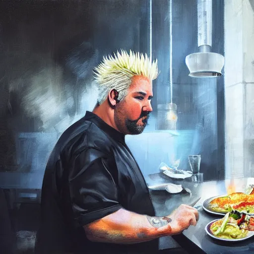 Prompt: Guy Fieri in a modern restaurant kitchen, painting by Greg Rutkowski, dramatic lighting, at night, sharp focus