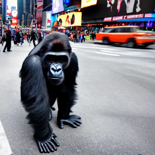 Prompt: a gorilla crossing the street in times square, 4 k photograph, high definition, flattering lighting, low depth of field