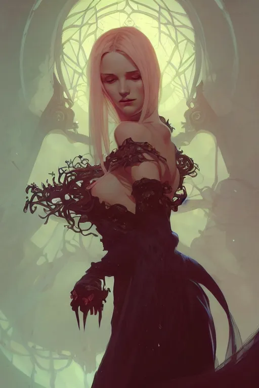 Prompt: a beautiful necromancer woman, fantasy, portrait, sharp focus, intricate, elegant, digital painting, artstation, matte, highly detailed, concept art, illustration, ambient lighting, art by ilya kuvshinov, artgerm, Alphonse mucha, and Greg Rutkowski
