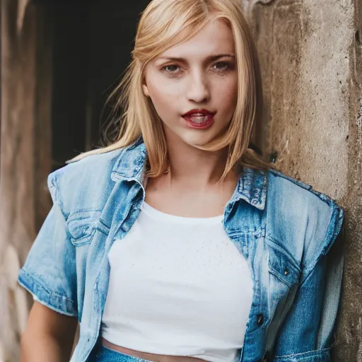 Image similar to Portrait photography of a Blonde Girl, Young Beautiful Face, Green Eyes, Freckles, Wearing a white crop-top and jeans, with a subtle smile, Charming, DSLR, cinematic lighting