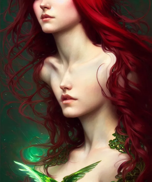 Image similar to Fae teenage girl, portrait, face, long red hair with green highlights, fantasy, intricate, elegant, highly detailed, digital painting, artstation, concept art, smooth, sharp focus, illustration, art by artgerm and greg rutkowski and alphonse mucha