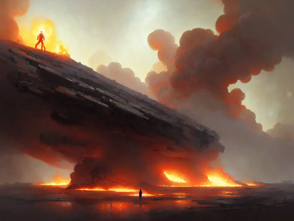 Image similar to UFO crash site, fires, smoke, dust, concept art, intricate, digital painting, smooth, sharp focus, illustration, from Metal Gear, by Ruan Jia and Mandy Jurgens and William-Adolphe Bouguereau, Artgerm,