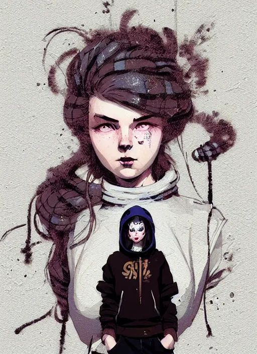 Prompt: highly detailed portrait of a sewer scotish young lady, tartan hoody, white afro hair by atey ghailan, by greg rutkowski, by greg tocchini, by james gilleard, by joe fenton, by kaethe butcher, gradient cyan, brown, blonde cream and white color scheme, grunge aesthetic!!! ( ( graffiti tag wall background ) )