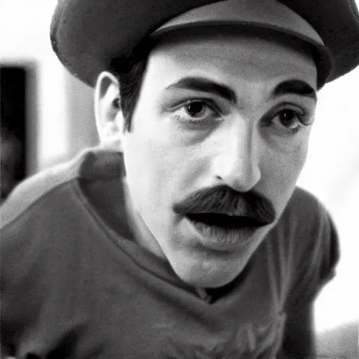 Prompt: realistic photograph of nintendo Mario in a hat with an M smoking in a french new wave Godard film aesthetic, black and white