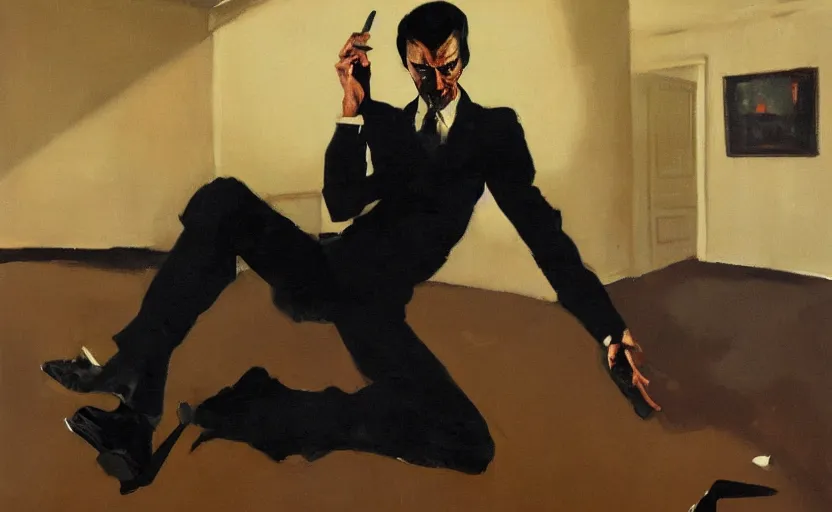 Image similar to a thin man wearing a suit screams and jumps over a telephone in a dark, 1980s living room, painted by phil hale, highly detailed