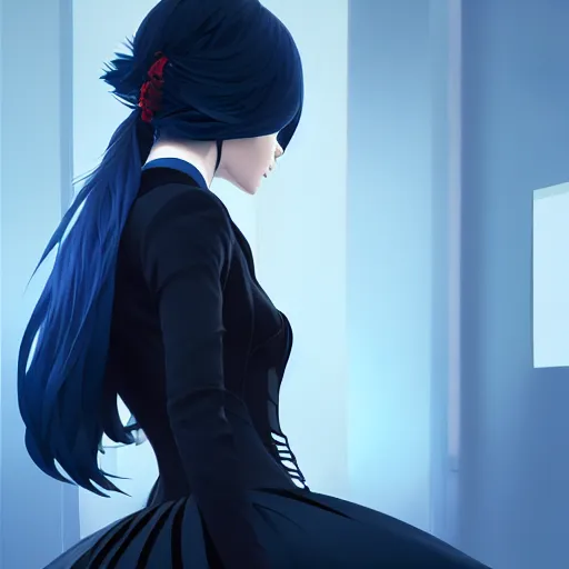 Image similar to the backside of a long blue - haired girl in a tailcoat, noir, screenshot, sharp focus, intricate, illustration, cell shaded, digital painting, highly detailed, matte, art by ilya kuvshinov, wlop, greg rutkowski, studio quality, james jean, akihiko yoshida