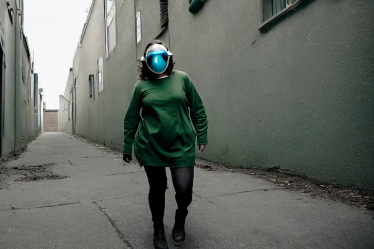 Prompt: badass woman in a gas mask walking oh out of a green haze In an alley
