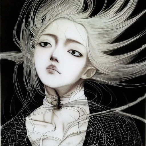 Image similar to Yoshitaka Amano realistic illustration of an anime girl wearing dress suit with tie with wavy white hair fluttering in the wind and cracks on her face, abstract black and white patterns on the background, noisy film grain effect, highly detailed, Renaissance oil painting, weird portrait angle