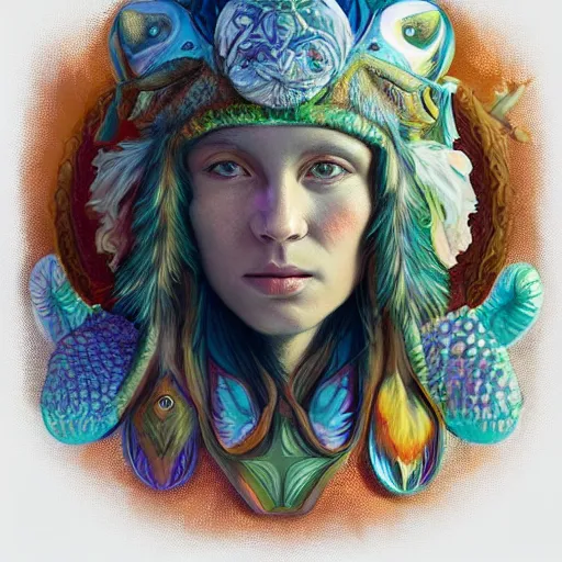 Prompt: Druid portrait by mandy jurgens and warhol, ernst haeckel, james jean, artstation, bright colours