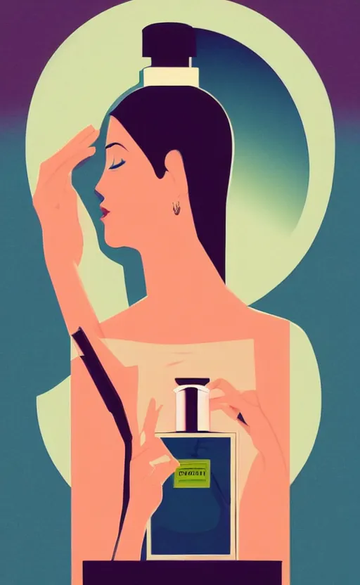 Image similar to illustration with hand holding beautiful bottle of perfume near nose, sniffing the aroma, an art deco painting by tom whalen, trending on behance, art deco, digital illustration, storybook illustration, grainy texture, flat shading, vector art, airbrush, pastel, watercolor, poster