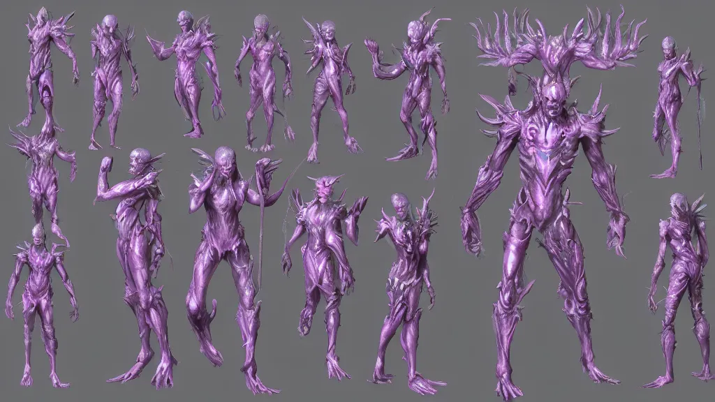 Image similar to a fantasy Bright iridescent ghost demon with four arms character design sheet, trending on artstation