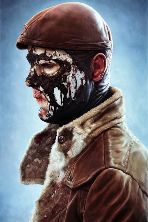 Image similar to a man with a black eye and bloody face wearing a brown leather jacket with a white fur collar. art by tomasz alen kopera and glenn fabry.