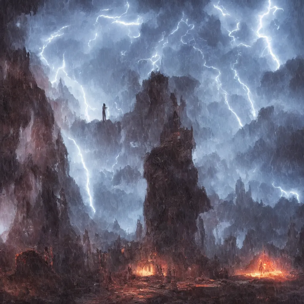 Image similar to a still of a cloaked figure standing in the ruins of crux prime, monastery, there is lightning, blue fiery maelstrom in the distance, it is raining, digital art, artstationhq