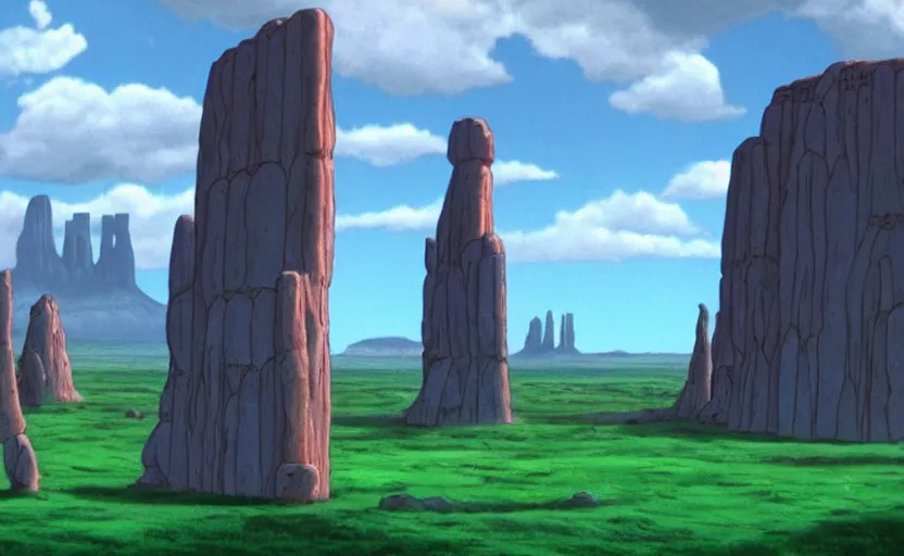 Image similar to a hyperrealist cell - shaded cartoon movie still from howl's moving castle ( 2 0 0 4 ) of a city in a flooded stonehenge monument valley. a rainforest is in the background with shafts of sunlight from above. very dull muted colors, hd, 4 k, hq