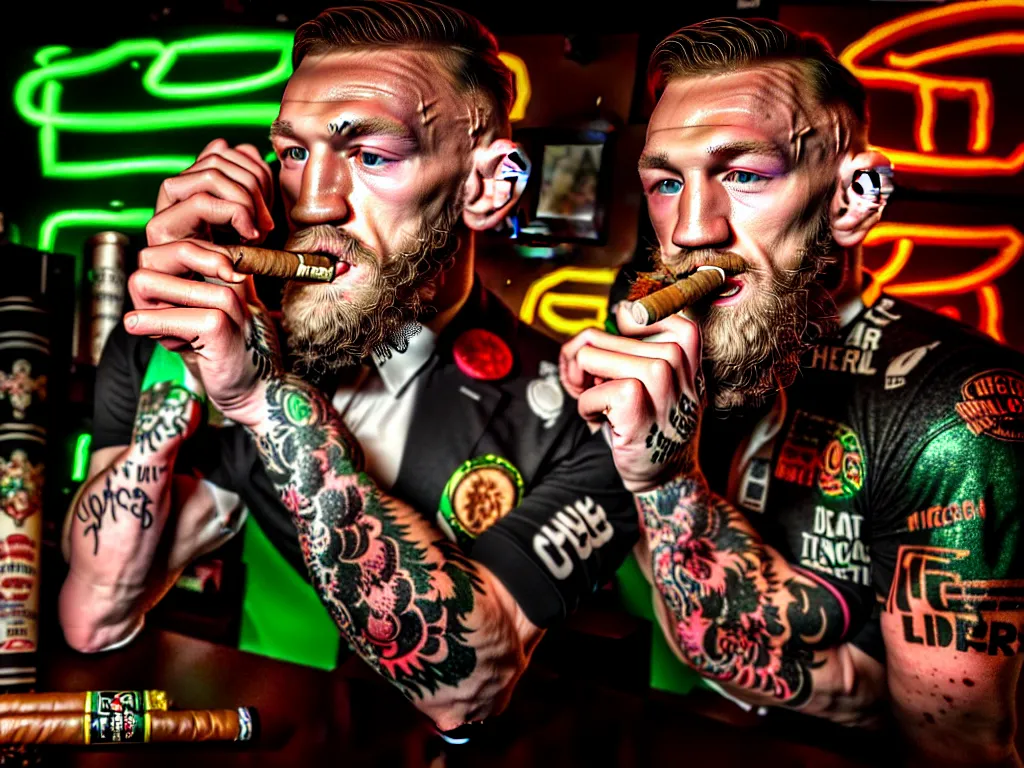 Image similar to a intricately detailed portrait of conor mcgregor smoking a cigar in an irish pub with a neon bar, trending on art station, in the style of the movie heat, volumetric lighting & shadows, hyper detailed, digital art, unreal engine, 4 0 0 mm f 1. 8,