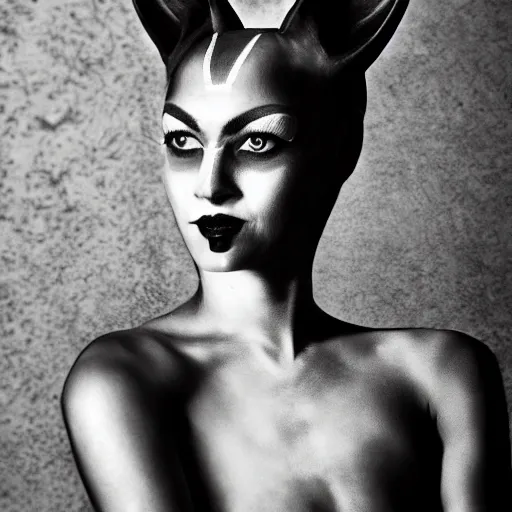 Prompt: Bastet, the cat-headed egyptian goddess, fetish, full makup, medium shot. In the style of Helmut newton, robert maplethorpe, Stefano Brunesci, Lachlan Bailey, Herb Ritts, Ellen Von Unwerth, Haris Nukem, Sardax, Annie Leibovitz. detailed photo, hd, 4k, trending on artstation, 35mm, f1.8