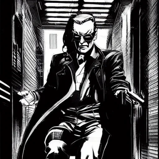 Image similar to a cyberpunk mafia boss with slicked back hair, in a cyberpunk setting, comic book art, cyberpunk, art by stan lee, pen drawing, inked, black and white, dark, moody, dramatic, deep shadows, marvel comics, dc comics