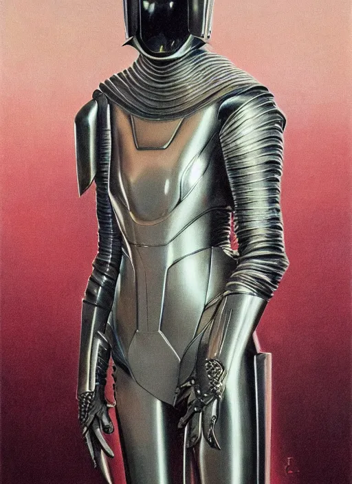 Prompt: full body portrait of beautiful gothic and futuristic fashion model, elegant smooth space armour, cyber armour, scifi helmet, highly detailed, artstation, illustration, composition, 8 k quality, art by jean delville, rene magritte, hyperrealism oil painting