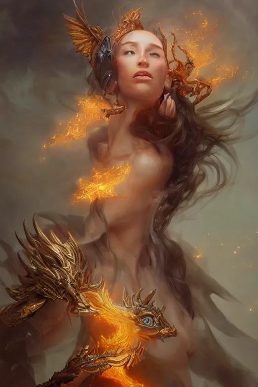 Image similar to beautiful girl sorcerer transforming into fire and golden dragon skin, casting magic spell, angel, fantasy, magic the gathering, hyper detailed, 3 d render, hyper realistic detailed portrait, peter mohrbacher, wlop, ruan jia, luis royo