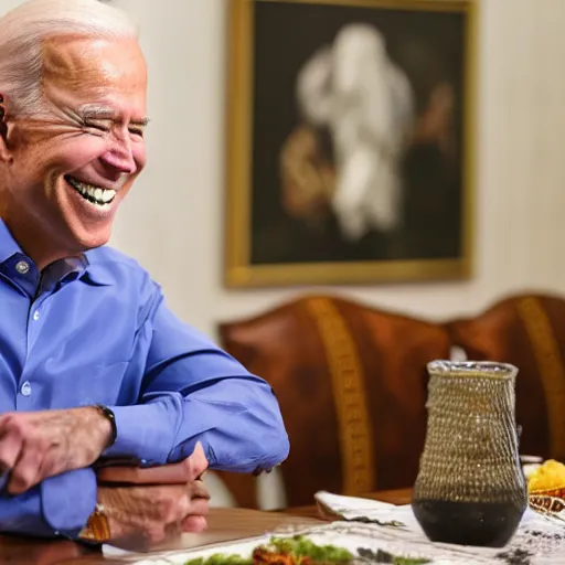 Image similar to 4 k hdr portrait wide angle photo of president joe biden laughing at a dinner table meeting surrounded by taliban terrorist leaders