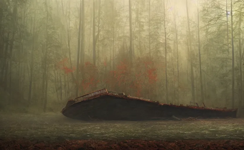 Image similar to an old big shipwreck in an autumn forest, green and red tones, by Aron Wiesenfeld and beksincki, cinematic, detailed illustration, nature, fog, dark colors, suspense, intricate, 8k