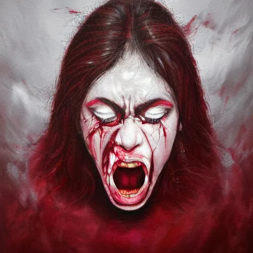 Prompt: extrem mad girl with total anger screams into the void to release her anger, high detail painting in dark red colors