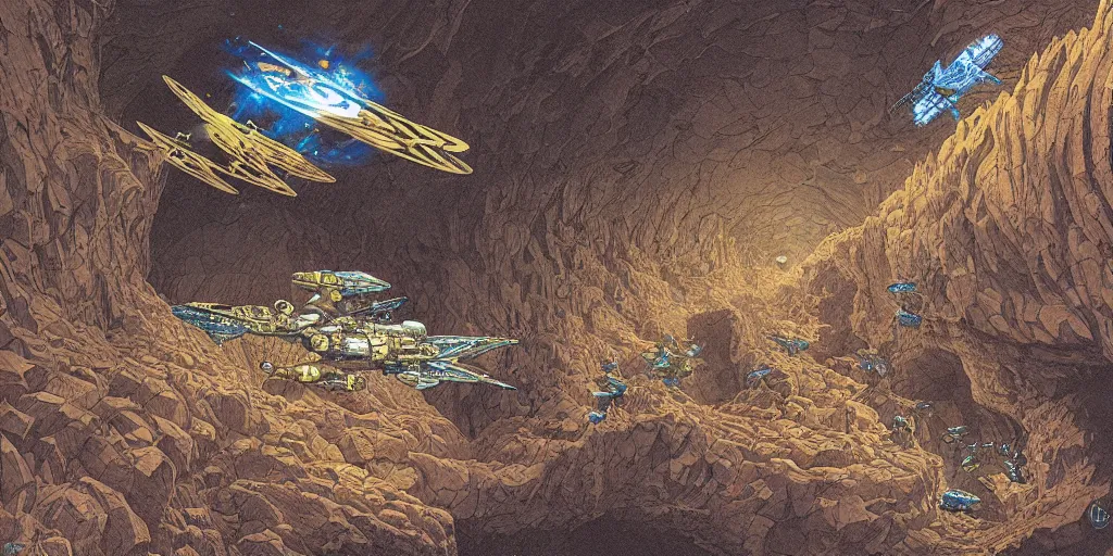 Image similar to ultra detailed space fighter drone flying through a mining cave, by Escher and Moebius and Mohrbacher