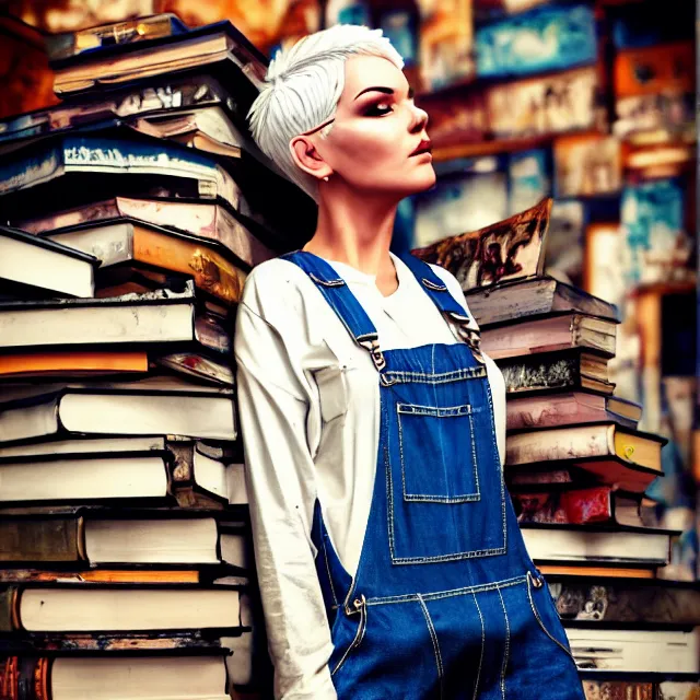 Image similar to full body pose, beautiful adult woman, short white hair shaved sides, dirty, grungy, grunge, long sleeve, painted overalls, stacks of giant books, highly detailed, 4 k, hdr, smooth, sharp focus, high resolution, award - winning photo, artgerm, photorealistic