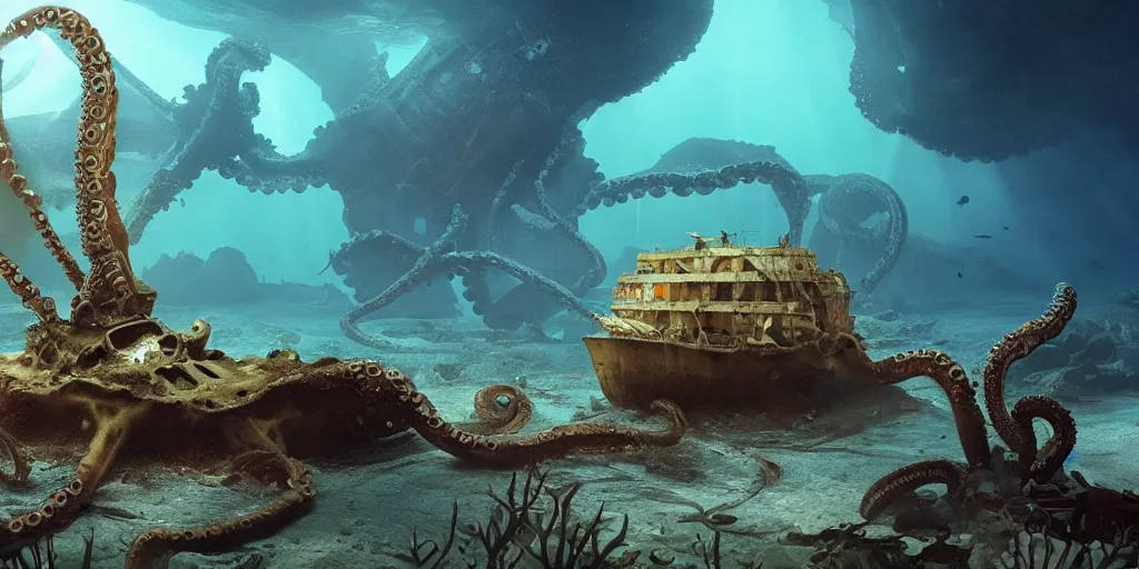 Prompt: a wrecked ship lying on the bottom of the sea, and a giant octopus is guarding it. cinematic, volumetric, beautiful, god rays,
