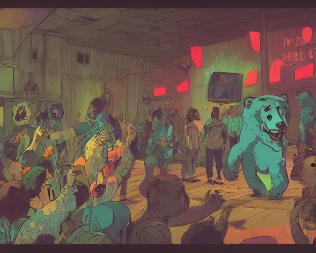 Image similar to a study of cell shaded cartoon of bears raving in a nightclub, illustration, wide shot, subtle colors, post grunge, concept art by josan gonzales and wlop, by james jean, Victo ngai, David Rubín, Mike Mignola, Laurie Greasley, highly detailed, sharp focus, alien, Trending on Artstation, HQ, deviantart, art by artgem