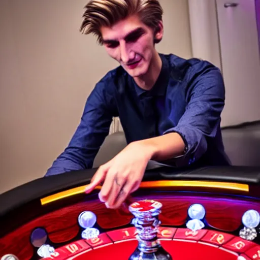 Image similar to closeup of handsome gigachad XQC gambling