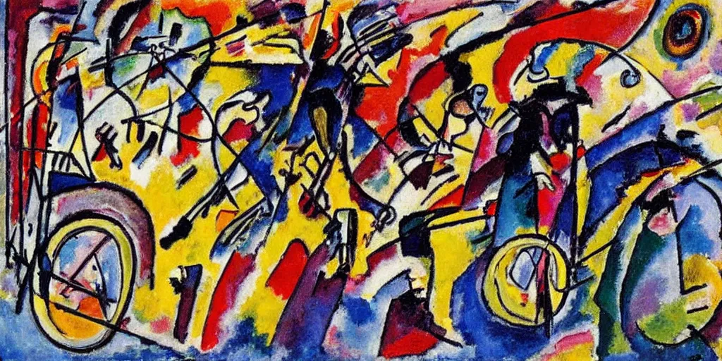 Image similar to a guy riding a bike, by kandinsky