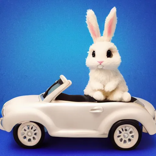 Image similar to bunny riding a convertible, studio photo, high quality