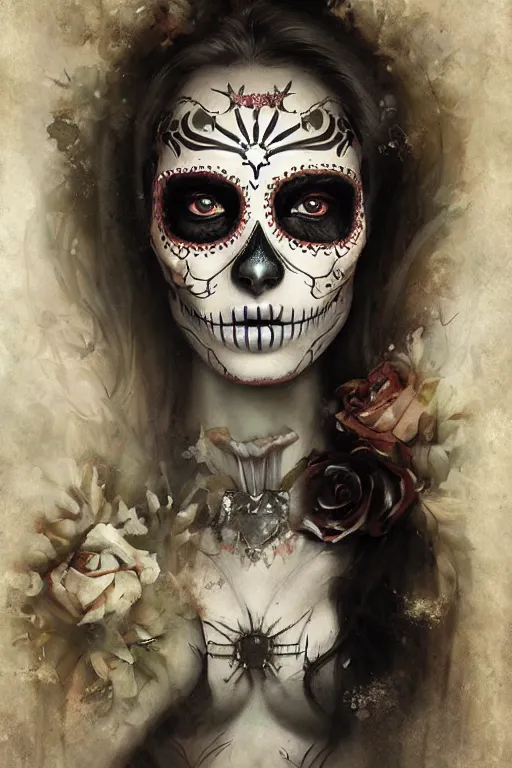 Image similar to illustration of a sugar skull day of the dead girl, art by bastien lecouffe deharme