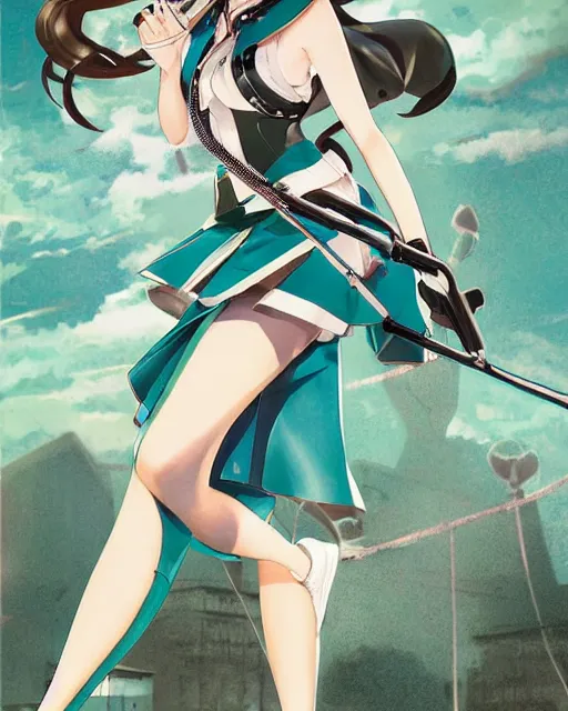 Prompt: Hatsune Miku full body pin up modeling in idol unioform, with a park in the back ground, post war style, detailed face, american postcard art style, by Krenz Cushart and Randolph Stanley Hewton and Charlie Bowater