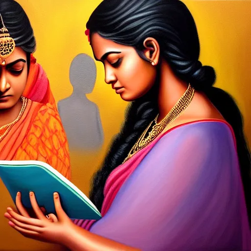 Image similar to hyperrealistic painting of a beautiful young tamil woman holding a notebook while a woman and three men emerge out of the book like genies, detailed digital art, trending on artstation