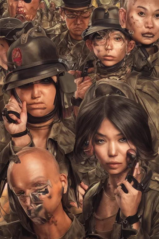 Image similar to place full of tunnel rats - pop art, hyperrealistic, detailed by artgerm and richard hamilton and mimmo rottela and bob rafei and kazuma kaneko and bengus and yoshitaka amano, face features, realistic detail human composition, best rendered by photoshop and octane