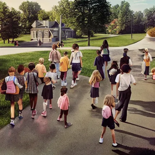 Image similar to photorealistic first day of school, sunny day, kids arriving to school, highly detailed, by Gregory Crewdson