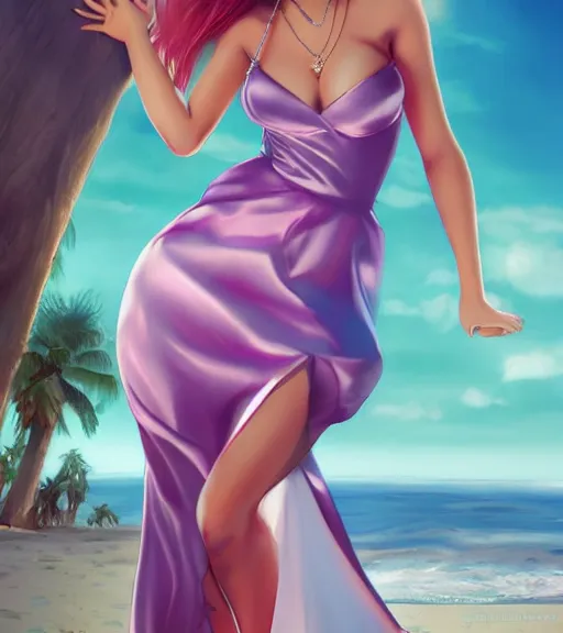 Image similar to beautiful princess in a satin dress on the beach drawn by artgerm