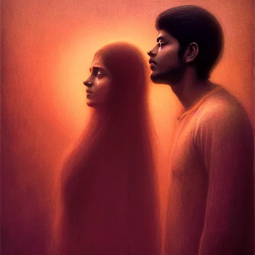 Image similar to perfectly - centered movie promotional poster portrait - photograph of a young indian guy and a beautiful girl side profile faces symmetrical ; real life portrait by beksinski and jean delville, romantic theme of two lovers sharing one heart, unreal engine 5, photorealism, hd quality, 8 k resolution, cinema 4 d, hdr dramatic cinematic lighting