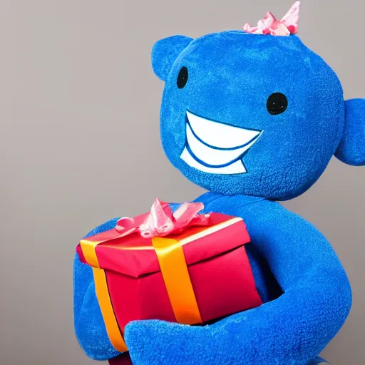 Image similar to blue'snappy gifts'human - sized plush doll, in new york, holding gift, happy atmosphere, high detail, soft lighting, 8 k