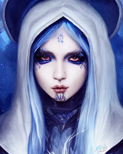 Prompt: A mysterious girl with hooded cobalt-blue eyes and silky white hair, guitar shape build, her wardrobe is attractive, fantasy art, in the style of Fernando Juarez, illustration, epic art, fantasy, intricate, elgant, amazing detail, digital painting, artstation, concept art, smooth, sharp focus